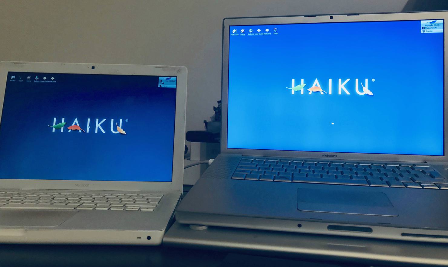 Haiku R1/beta1 running natively on two Mac laptops