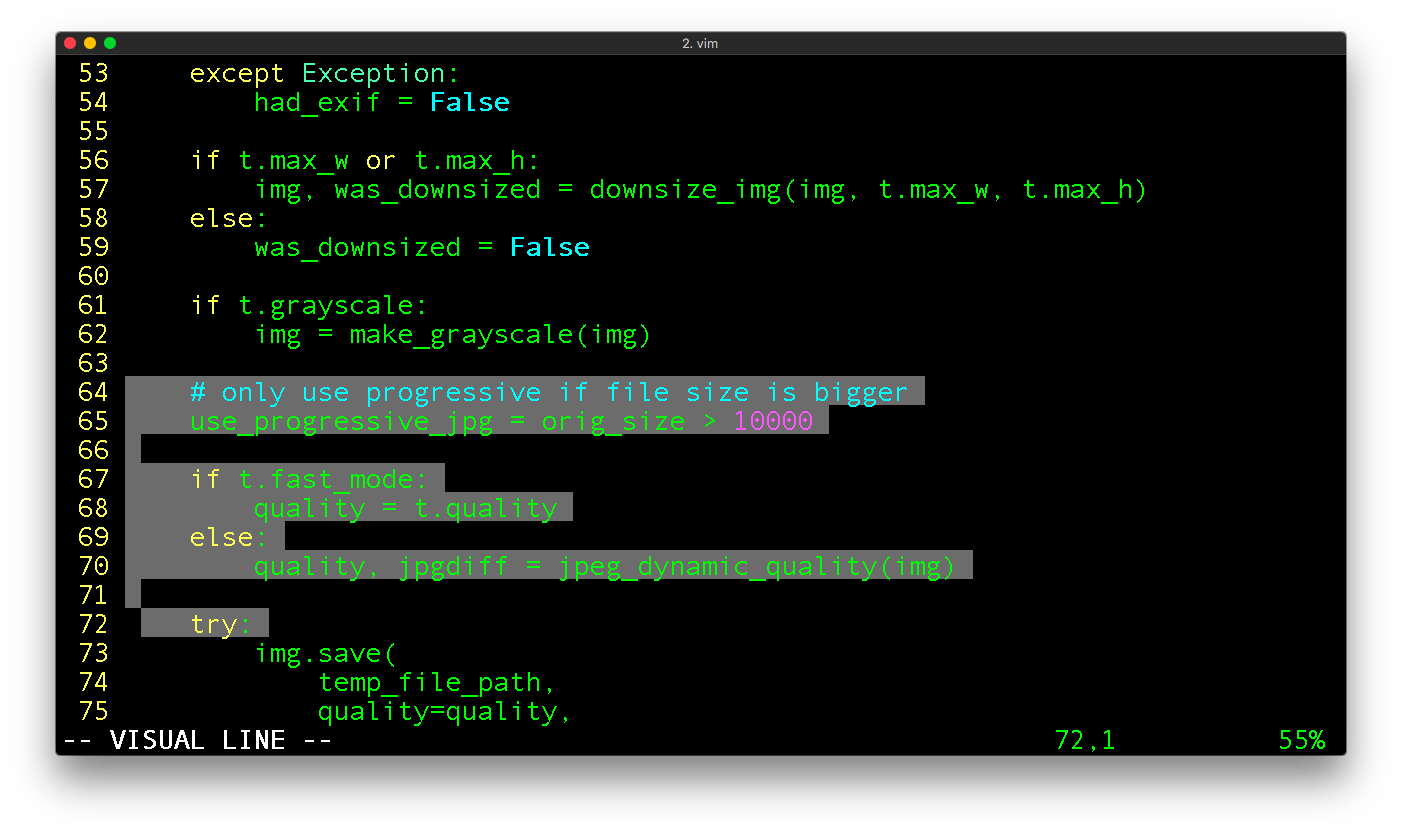 Vim text editor in Visual Line Mode while editing a Python source code file in macOS
