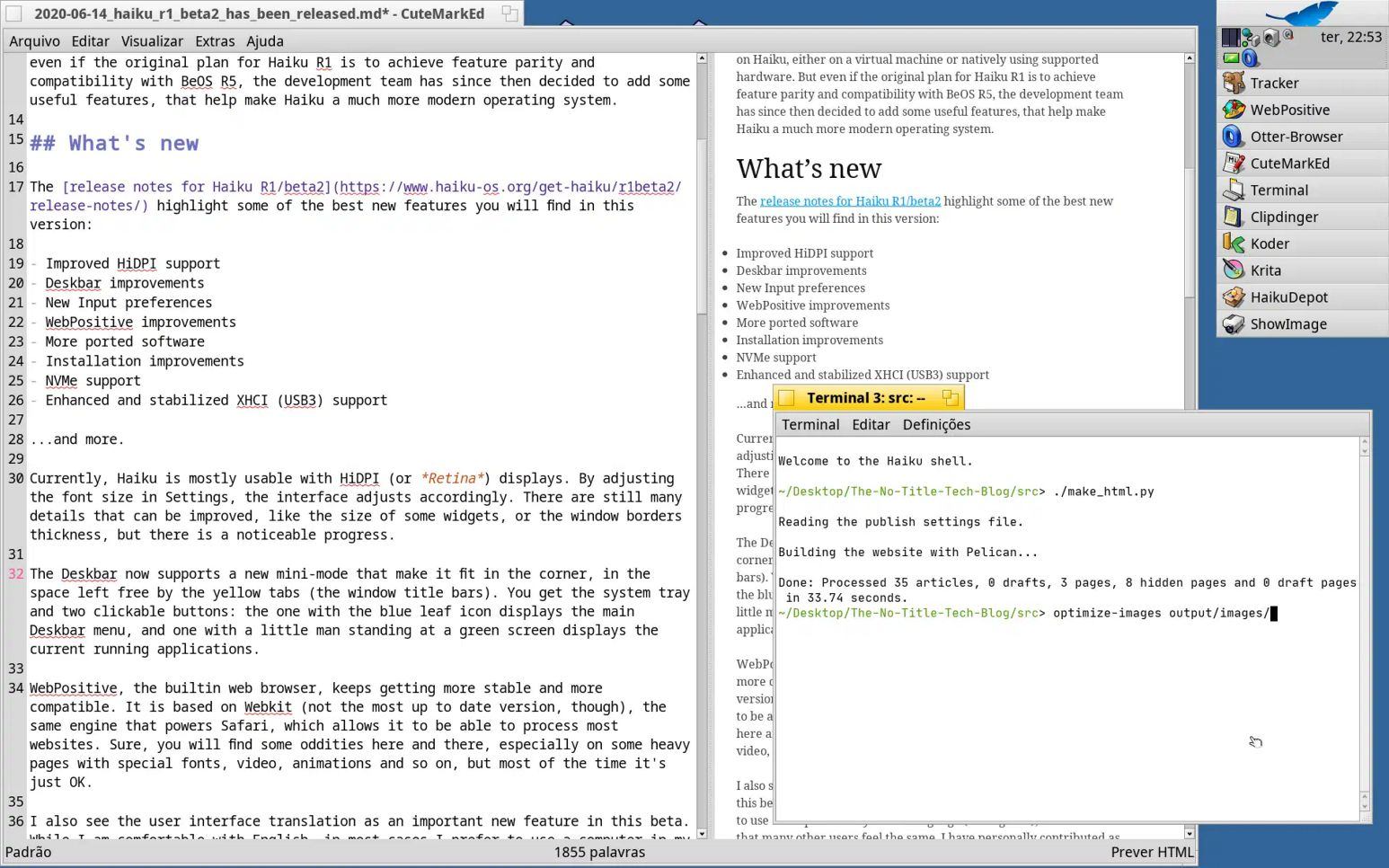 Haiku R1/beta2 - CuteMarkEd Markdown editor and Terminal, displaying generation of a static site using Pelican